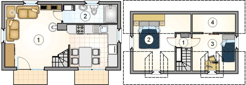 Проект 2. План першого поверху: 1 – кухня-вітальня-їдальня, 2 - ванна. План другого поверху: 1 – коридор, 2 і 3 – спальня, 4 - вбиральня
