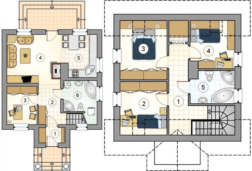 Проект 5. План першого поверху: 1 – прихожа, 2 – коридор, 3 – кабінет, 4 – вітальня, 5 – кухня, 6 – ванна. План другого поверху: 1 – коридор, 2 – дитяча, 3 – спальня, 4 – дитяча, 5 – ванна