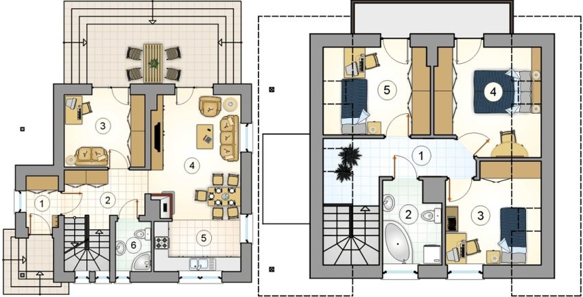 Проект 6. План першого поверху: 1 – прихожа, 2 – хол, 3 – кабінет, 4 – вітальня-їдальня, 5 – кухня, 6 – ванна. План другого поверху: 1 – коридор, 2 – ванна, 3 – дитячий, 4 – спальня, 5 – дитяча