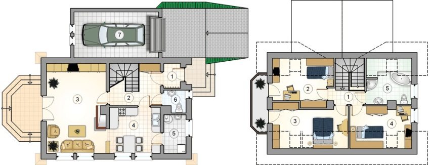 Проект 7. План першого поверху: 1 – прихожа, 2 – сходовий хол, 3 – вітальня, 4 – кухня-їдальня, 5 – комора, 6 – туалет, 7 – гараж. План другого поверхи: 1 – коридор, 2 – дитяча, 3 – спальня, 4 – дитяча, 5 – ванна
