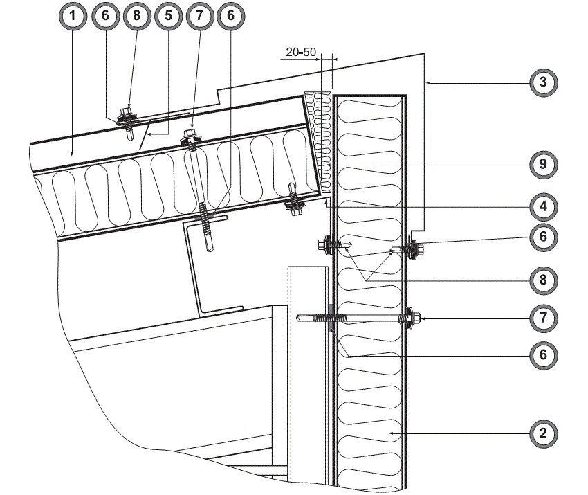 Креслення оформлення коника односхилого даху: 1 - покрівельна сендвіч-панель, 2 - стінова сендвіч-панель, 3, 4 і 5 - фасонні елементи, 6 - ущільнювальна стрічка, 7 і 8 - самонарізний шуруп, 9 - базальтовий утеплювач