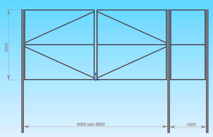 Схема каркаса з профільованої труби для розпашних воріт з хвірткою