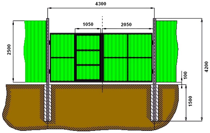 Монтажні розміри воріт з профнастилу з вбудованою у стулку хвірткою