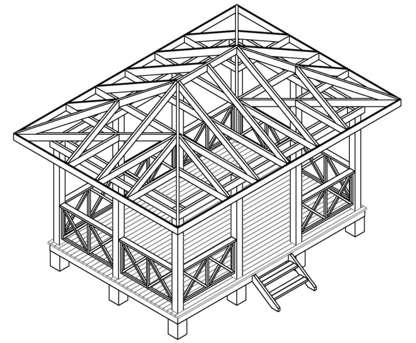 Проект прямокутної дерев'яної альтанки з огорожею і сходами