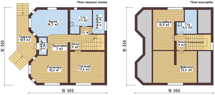 Планування одноповерхового будинку 10 на 10 м з мансардою