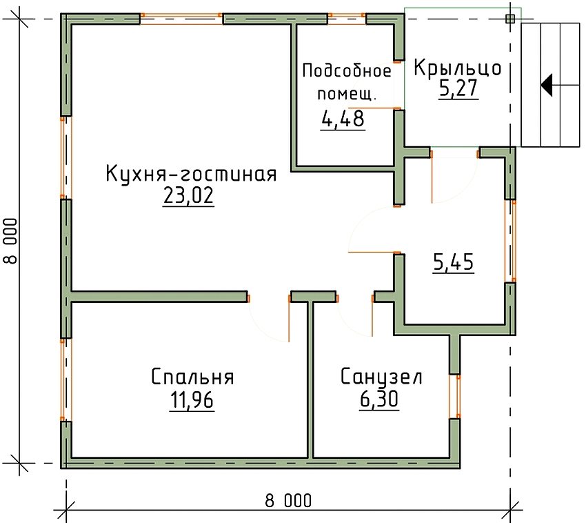 План одноповерхового будинку 8 на 8 м з однією спальною кімнатою