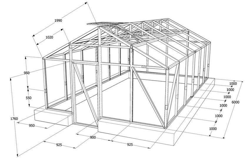Креслення теплиці з каркасом з профільної труби і двосхилим дахом