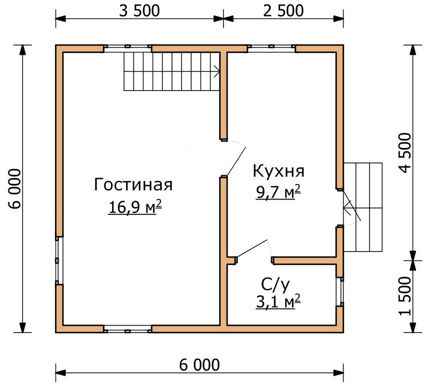 План першого поверху двоповерхового будинку 6 на 6 м