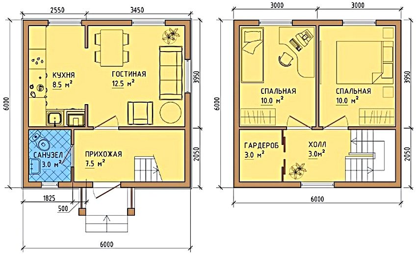 Варіант планування будинку 6х6 з двома спальнями та вбиральні на другому поверсі