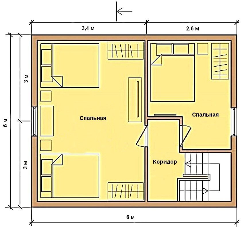 Приклад плану другого поверху будинку 6 на 6 м