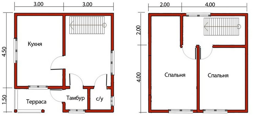 План двоповерхового будинку 6 на 6 з маленькою терасою