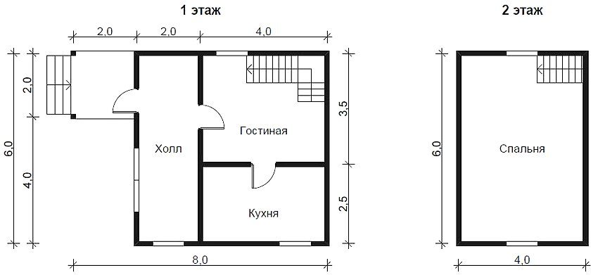 План компактного будинку з великою спальнею на другому поверсі