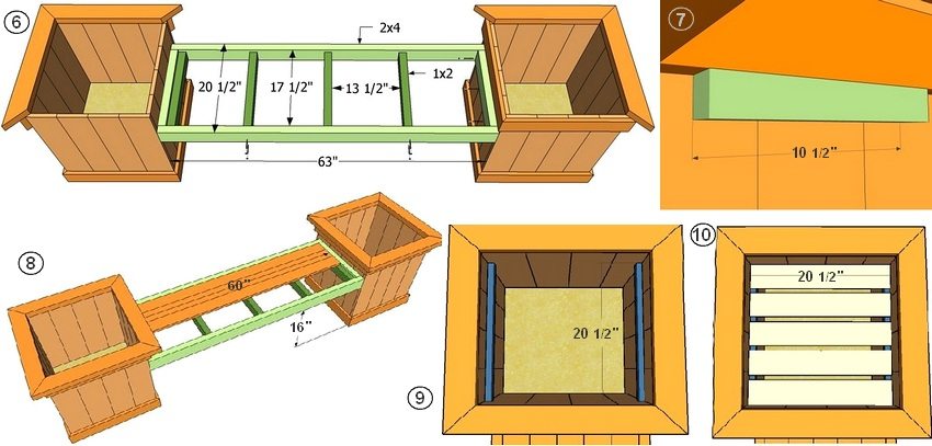 Рис. 1-2. Схема ослони з дерев'яними ящиками для квітів: 6 - монтажні розміри каркаса сидіння; 7 - посилення конструкції лавки; 8 - установка рейок сидіння; 9, 10 - монтаж ящика
