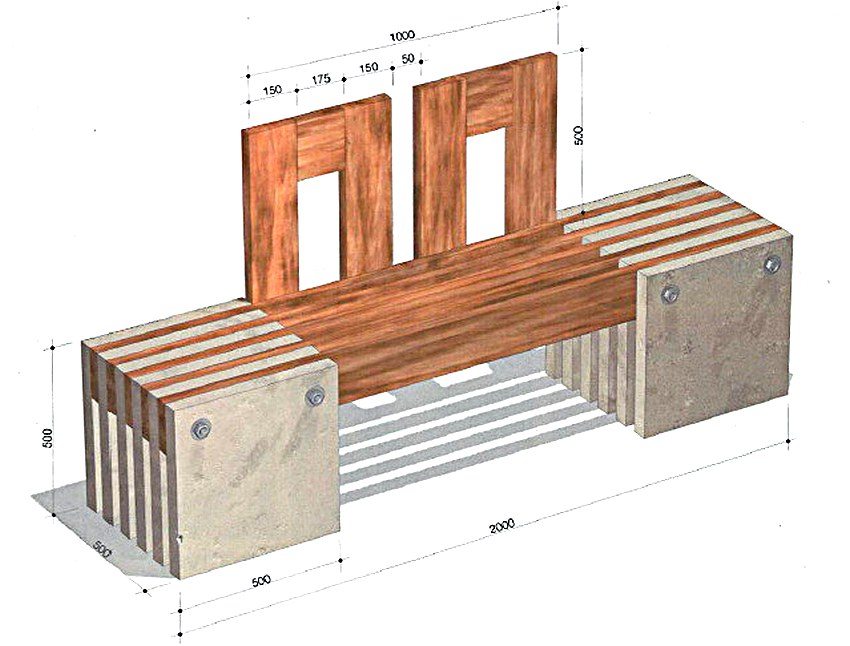 Рис. 1-1. Схема пристрою садової лавки з дерева і бетонних плит з монтажними розмірами