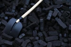 A shovel is placed over coal briquettes during a protest in front of the chancellery in Berlin